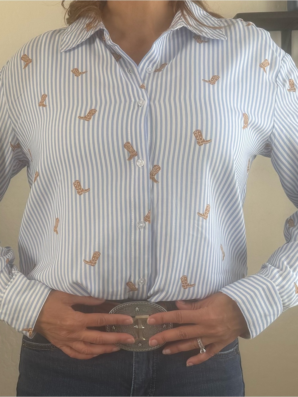 Striped Button-Up Blouse with Tan Boot Embroidery